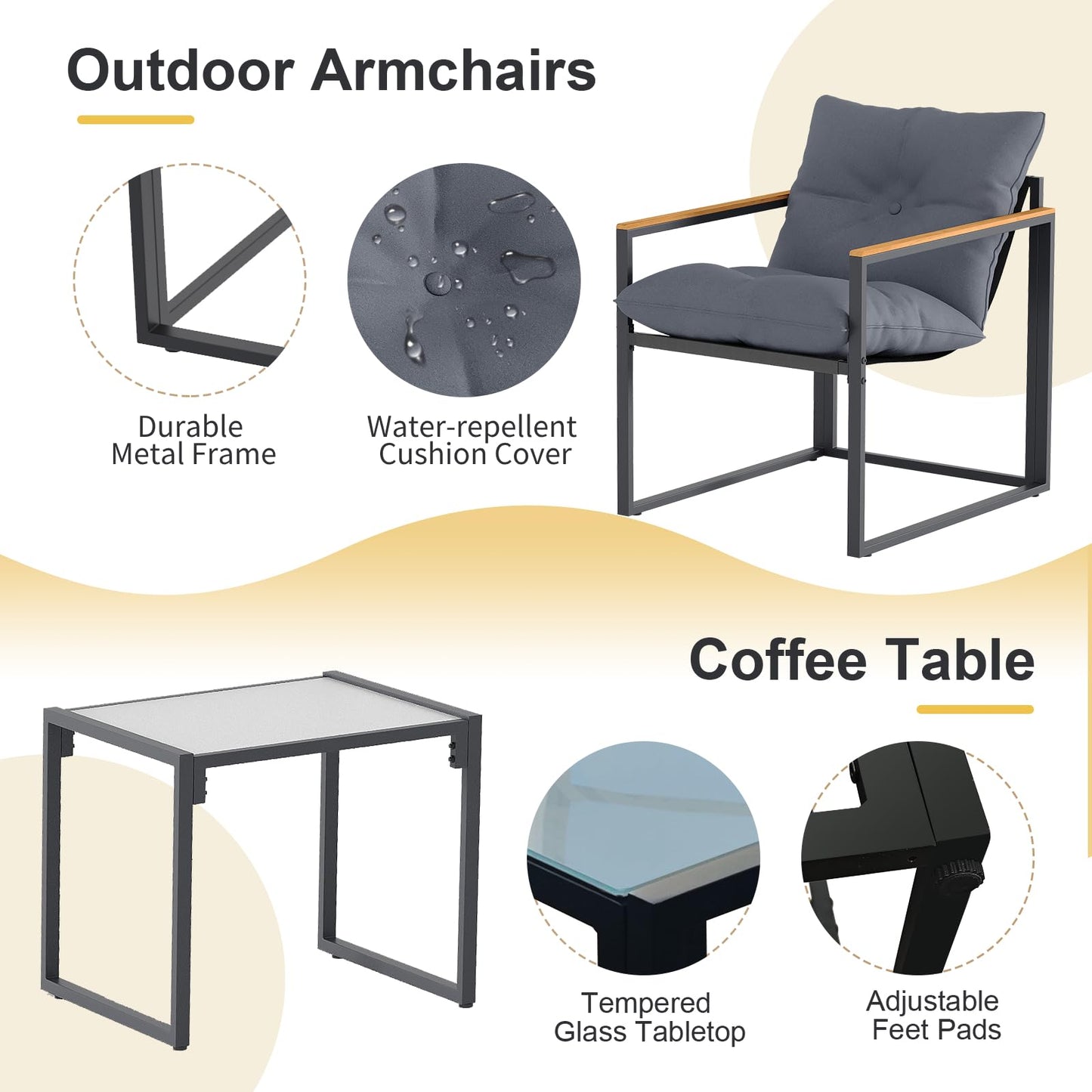 DIMOFAP 3 Piece Patio Furniture Set, Outdoor Porch Chairs Set of 2, Balcony Furniture for Apartment with Chairs & Table, Included Thick Comfy Cushions, Perfect for Porch, Balcony, Deck