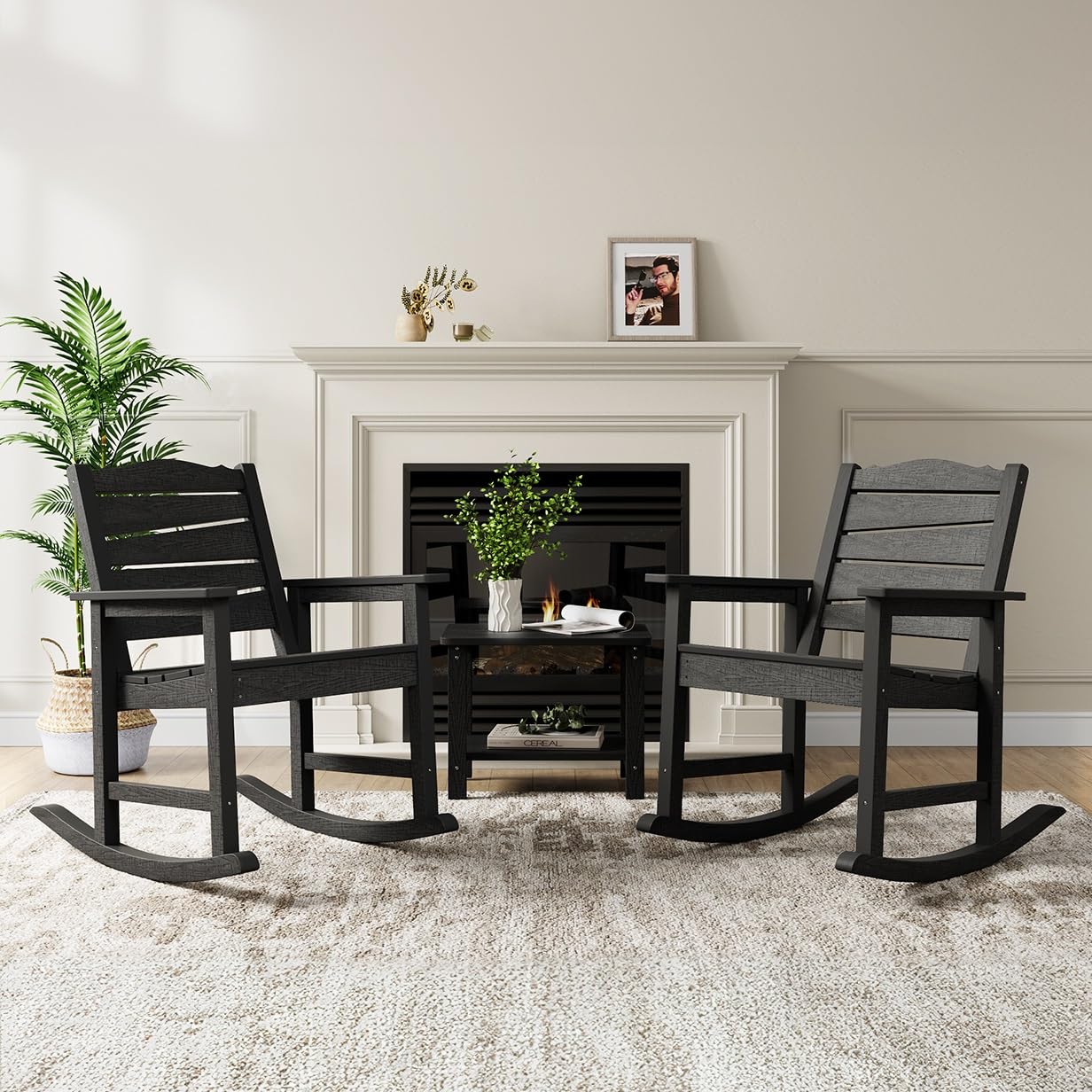 LAHAAP Weatherproof Patio Rocking Chair, HIPS Outdoor Rocking Chair for Adults, 400LBS Support Heavy Duty Porch Rocking Chairs for Garden, Lawn, Backyard, Outdoor and Indoor (Black)