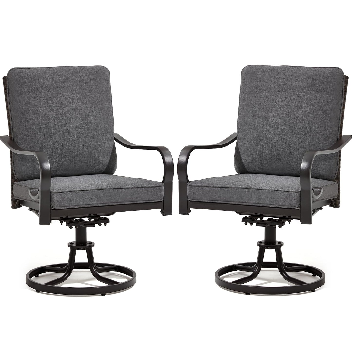 MELLCOM Patio Swivel Chair Set of 2, Outdoor Dining Chairs with Thickened Cushions, Wicker Chairs with Gentle Rocker for Porch, Garden, Backyard, Poolside, Deck, Grey