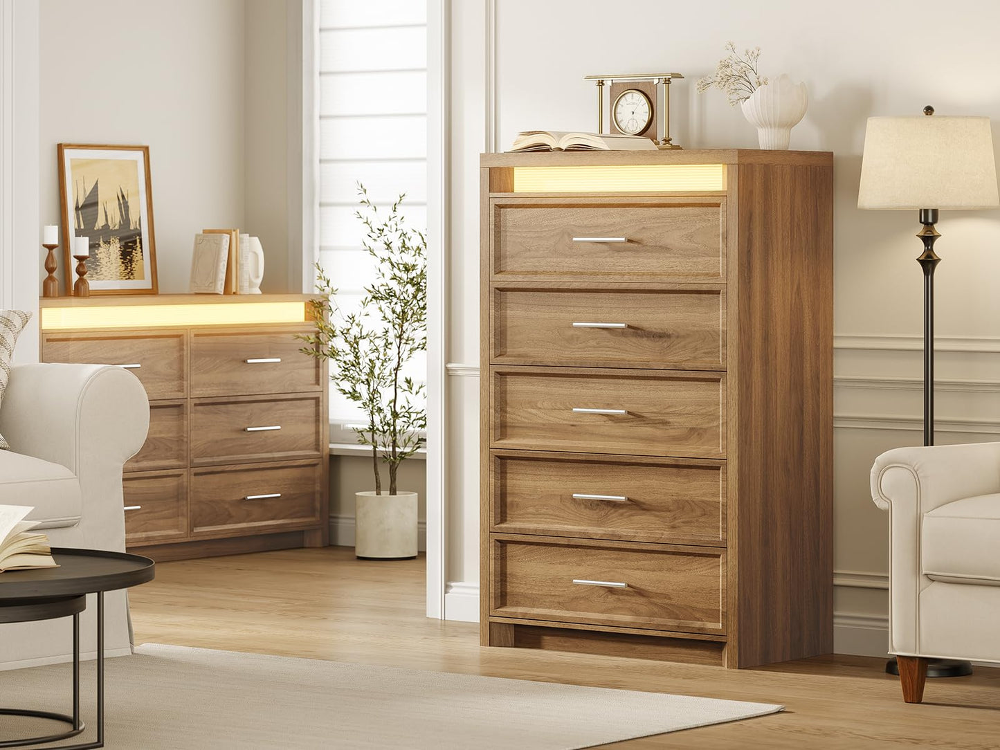 AOGLLATI Mid-Century Modern Dresser for Bedroom with 5 Drawer, Dressers& Chests of Drawers, 44.5” Tall Wood Dresser with 3 Color Lights for Bedroom, Wood