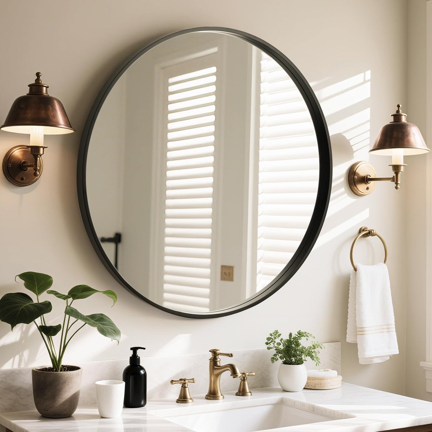 WallBeyond Round Wood Mirror, 32" Round Modern Decoration Large Circle Wall Mirror for Bathroom Living Room Bedroom Entryway, Black