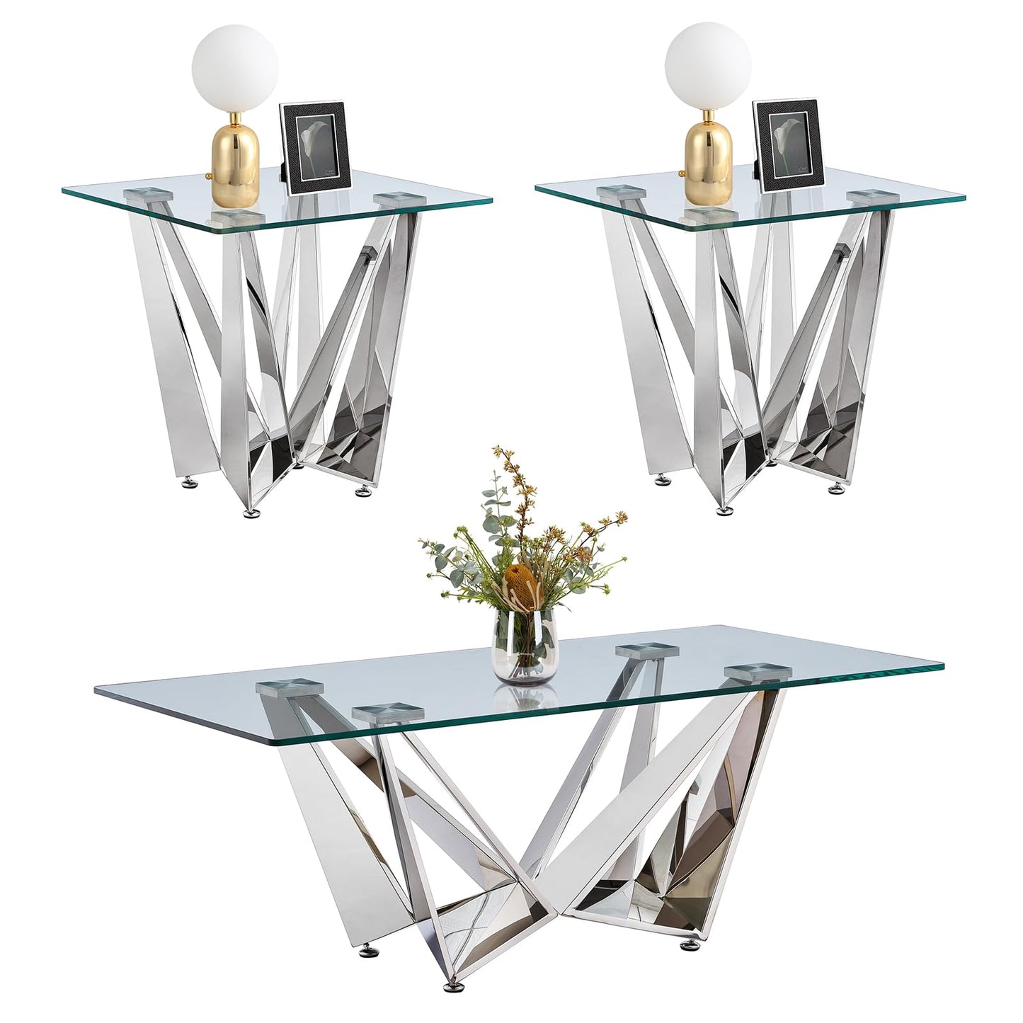 Glass Living Room Table Set of 3, Modern Glass Cofee Tables Set with Stainless Steel Base for Living Room Bedroom, Rectangle Glass Coffee Table and end Table Sets