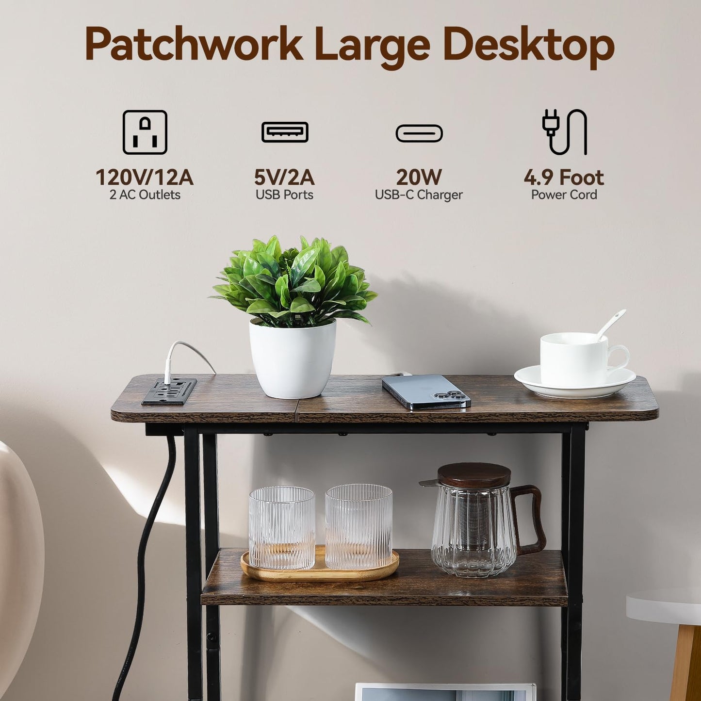 Narrow Side Table with USB-C Charging Station, 3-Tier Slim End Table with Magazine Holder, Modern Side Table for Couch or Small Spaces, Skinny Nightstand for Living Room or Bedroom