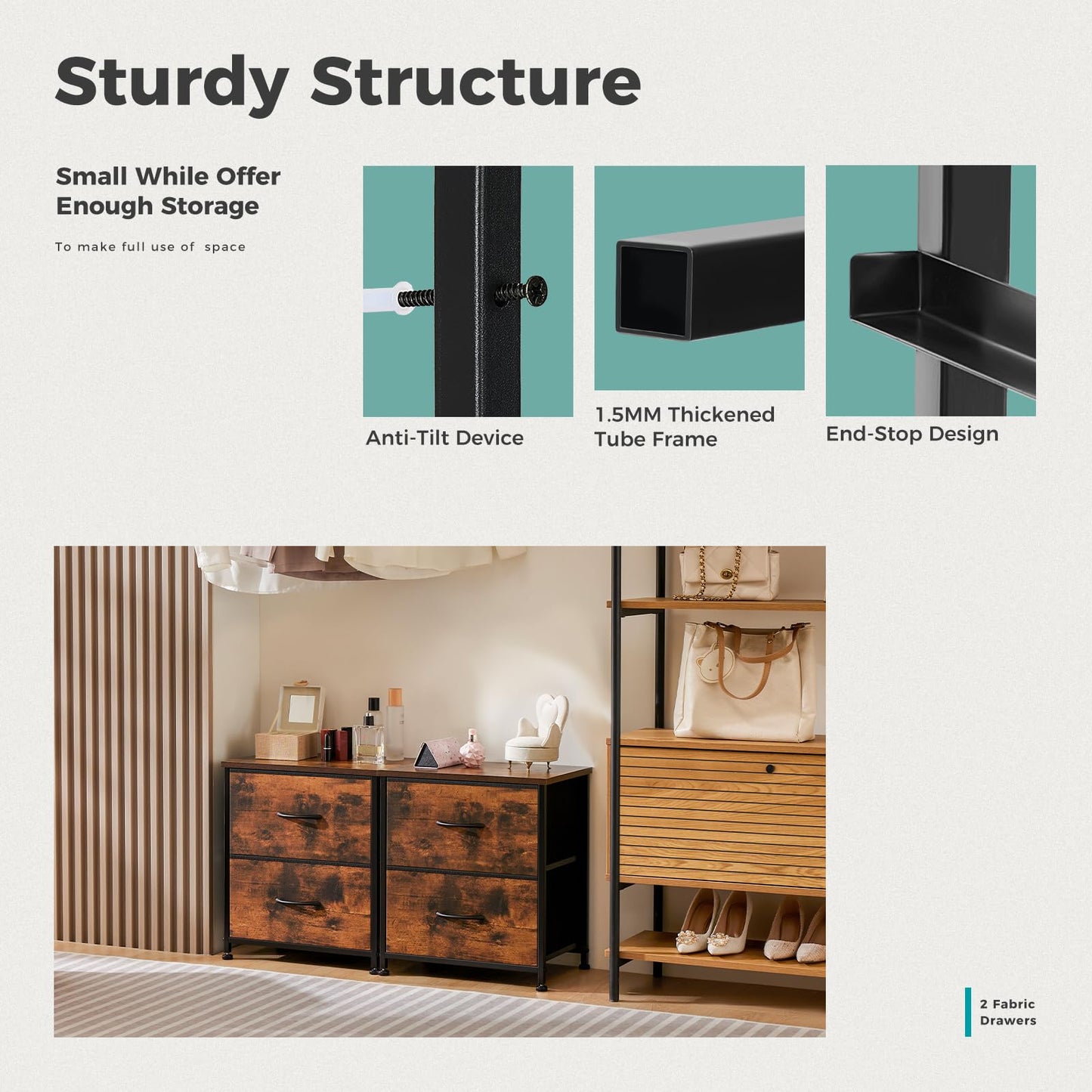 KMFurnila Rust Nightstands Set of 2 with Two Drawer Side Tables Living Room 2 Drawer Dresser Bedroom End Bedside Table Cabinet with Storage Night Stand, Wooden Top Metal Frame Handle, 20'' Tall