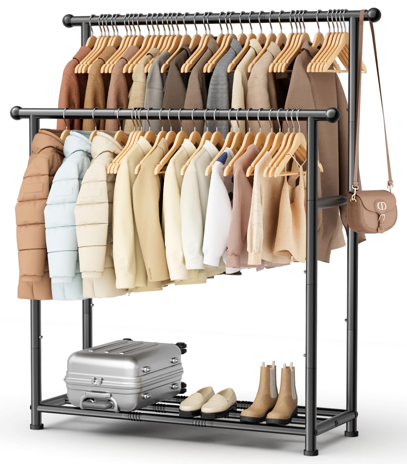 MISSLO Double Rods Garment Rack Heavy Duty Clothing Rack for Hanging Clothes Portable Clothes Organizer for Bedroom, Living Room, Clothing Store (Matte Black)