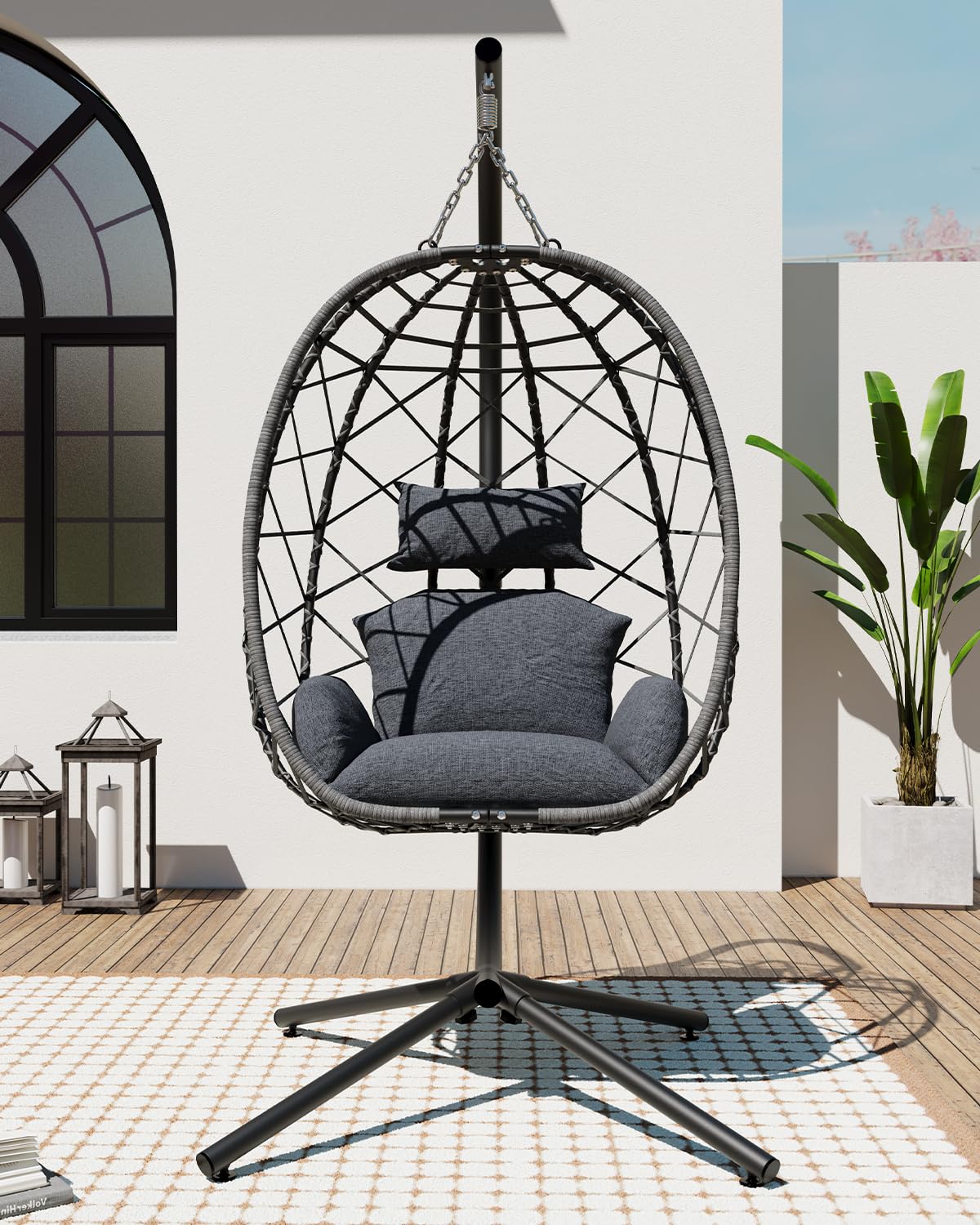 SWITTE Egg Swing Chair with Stand, Outdoor Patio Hanging Egg Chair, Indoor Hammock Chair with Cushion for Garden Backyard, 350LBS Capacity-Dark Grey