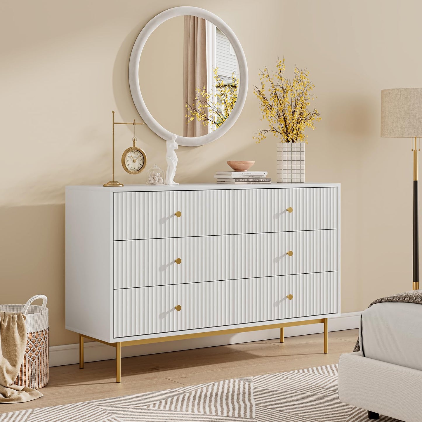 MAISONARIA 6 Drawer Double Dresser for Bedroom, White Dresser with Gold Handles, White 6 Drawer with Fluted Panels for Bedroom