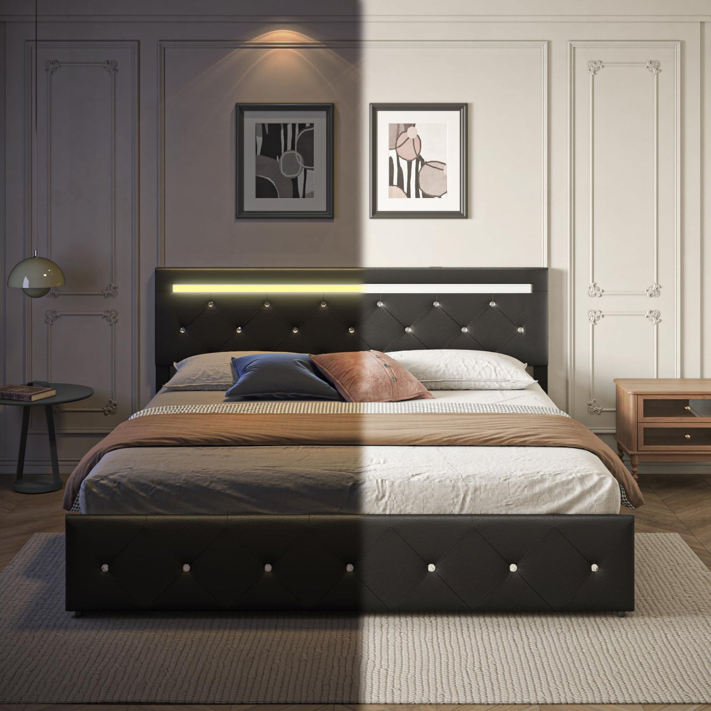 Forrise Bed Frame Queen Size with LED Light and Storage Drawers, Adjustable Headboard with PU Leather Upholstered, 2 Sockets and 2 USB Ports, No Box Spring Needed, Wooden Slats Support, Black