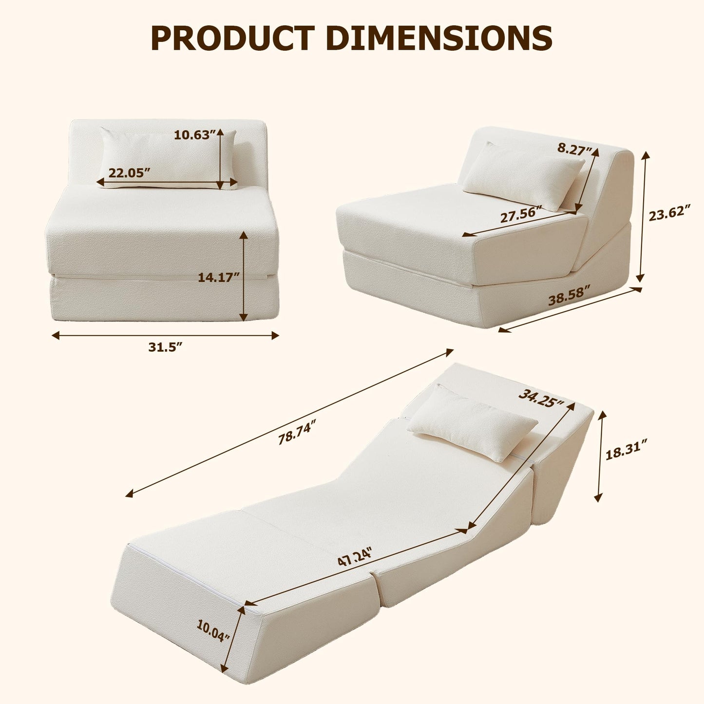 BAMOOLI Sleeper Sofa Bed, Convertible Fold Out Couch, Comfy Alpaca Wool Fabric Portable Foldable Floor Mattress Sleeper Chair with Pillow, Foldable Floor Sofa Lounge for Living Room, Bedroom, Beige