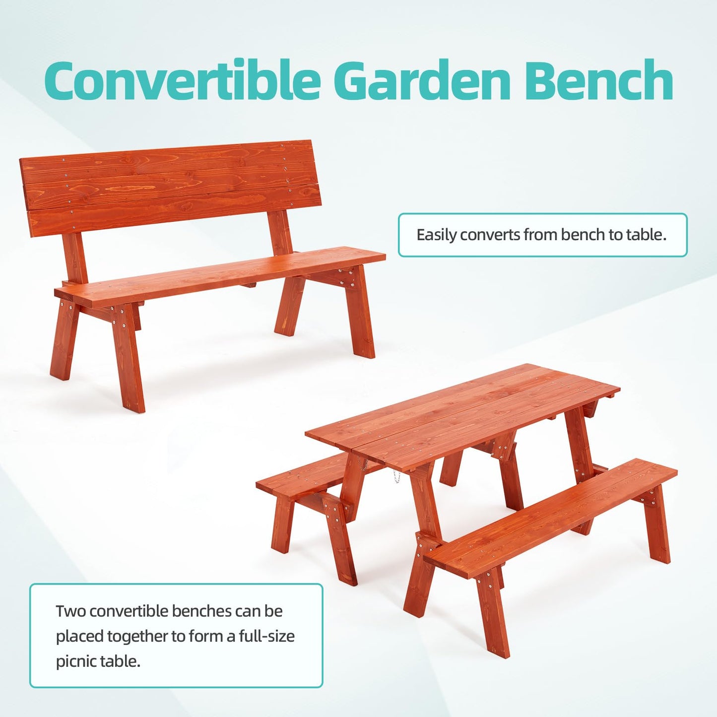 ECOTOUGE Wood Picnic Table Bench Set, All-Weather Patio 2-in-1 Convertible Dining Benches w/Heavy Duty Wooden Frame for 6-8 Adults, 5 Feet, Red