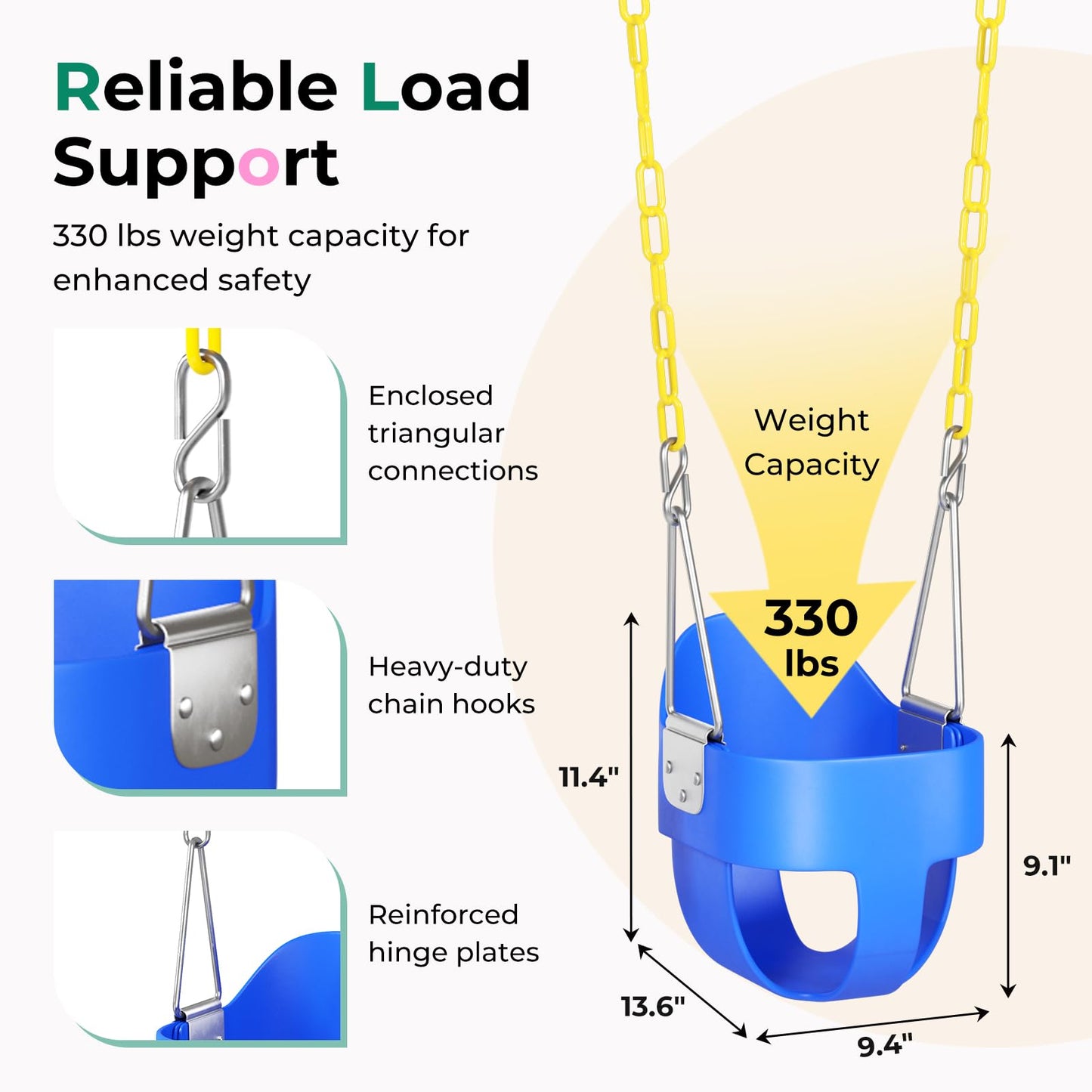 DECORLIFE Toddler Swing Seat, Outdoor Baby Swing with Coated Chains, Heavy Duty High Back Full Bucket Swing Chair with Ant-Loosening Carabiners, Fully Assembled Swingset Accessories for Backyard, Blue