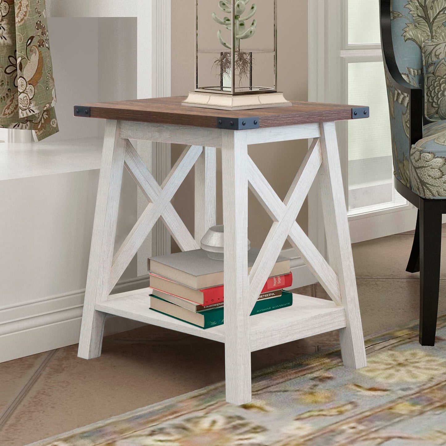 Rainbow Sophia Side Table End Table for Living Room, Farmhouse Accent Wood Nightstand for Bedroom with 2-Tier Storage, Sargent Oak/Dark Walnut