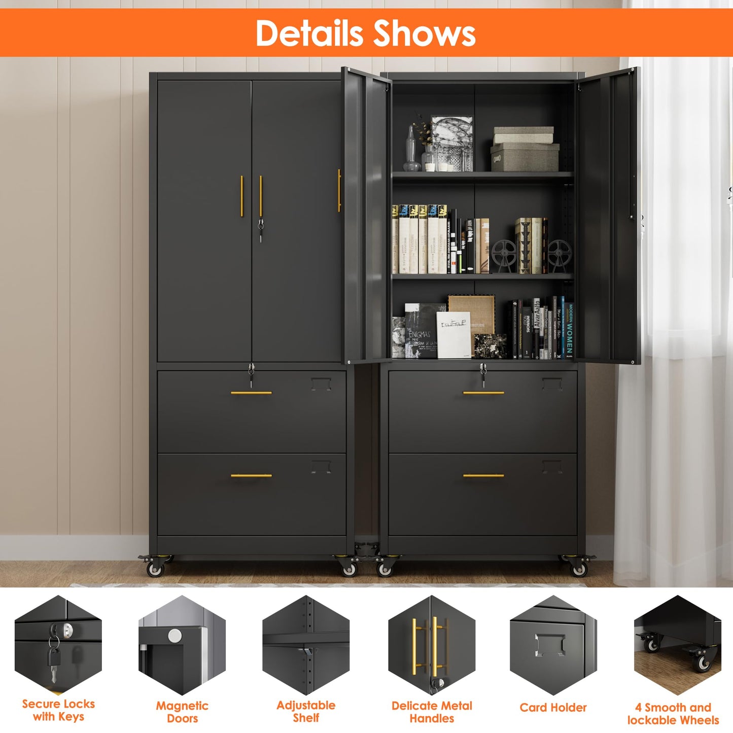 Aobabo Metal 2 Drawers Lateral File Storage Cabinet and Unit Adjustable Shelf Organizer, 2 Door Storage Office Steel Files Cabinet with Wheels, Legal/Letter A4 Size, Assembly Required, Black