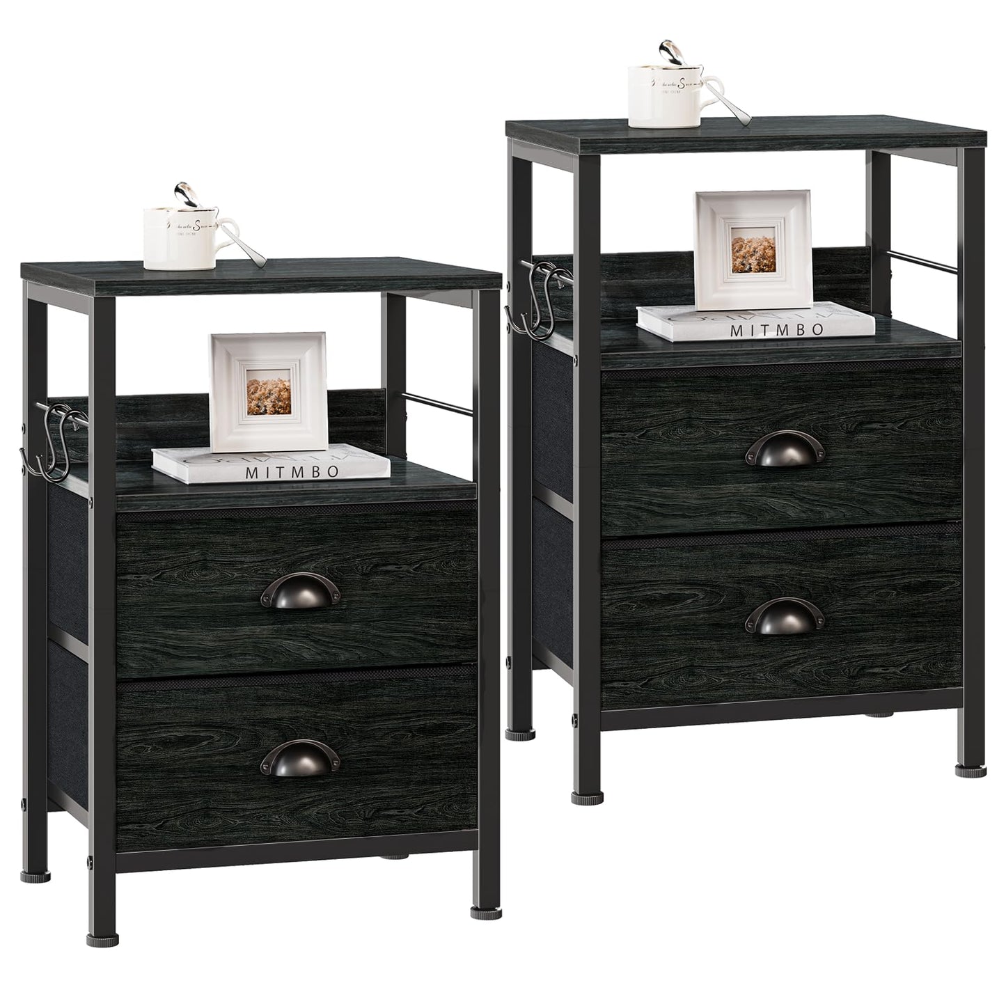 Furologee Nightstands Set 2, End Tables with 2 Fabric Drawers, Bedside Tables with Hooks and Shelf, Side Tables for Bedroom/Living Room/Study/Black Oak