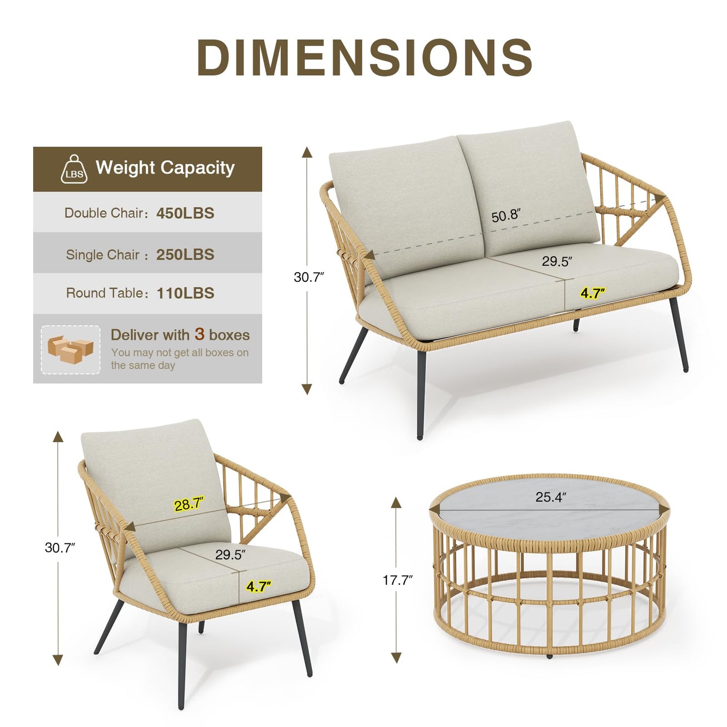 SANDAZE 4 Pieces Outdoor Patio Furniture Set, PE Rattan Wicker Balcony Porch Deck Furniture, Conversation Set Patio Table and Chairs Set with Thick Cushions and Coffee Table, Beige
