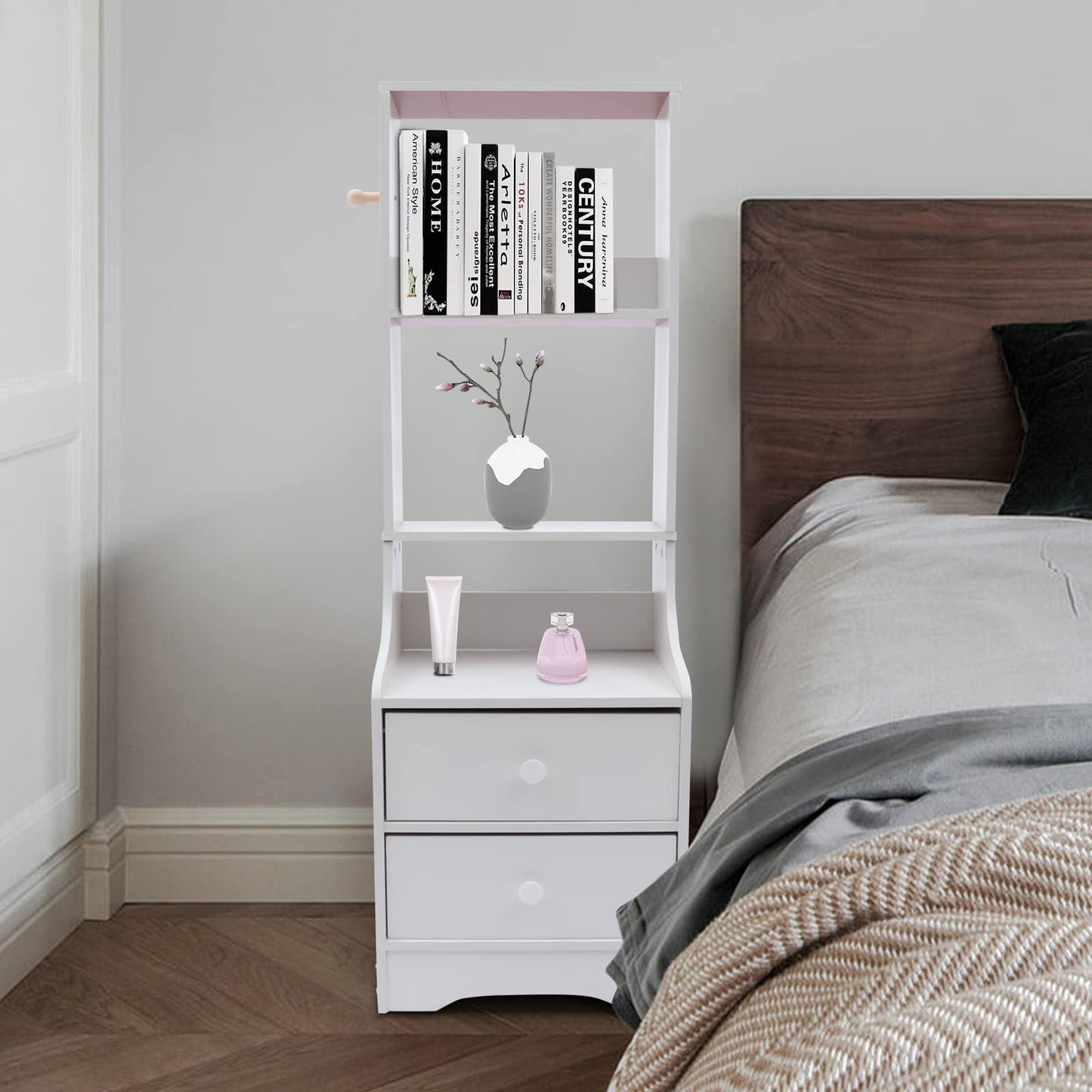 Modern Nightstand, Tall Bed End Table/Bedside Table for Bedroom Living Room, Bed Side Table/Night Stand with Storage Shelf and 2 Drawers