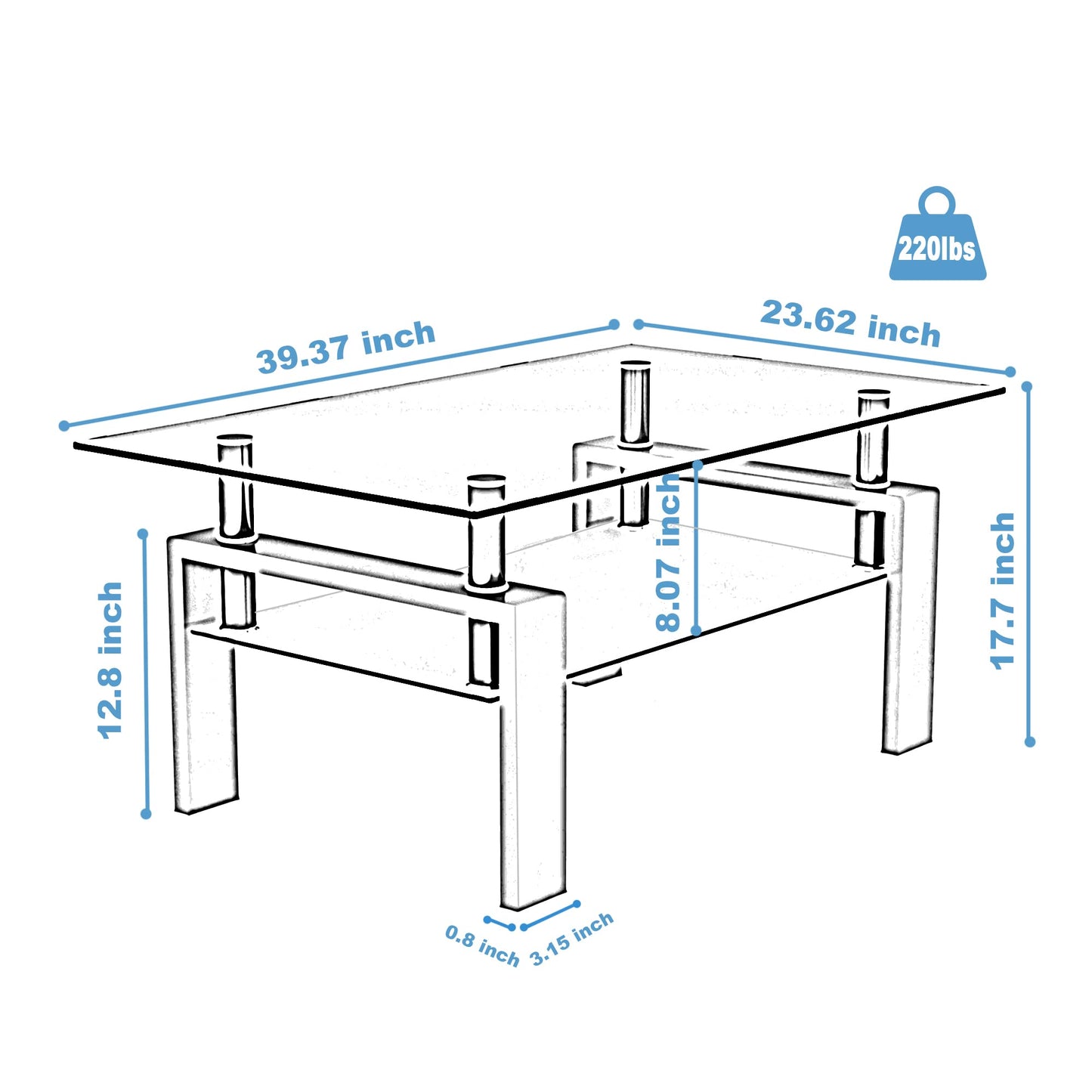 IANIYA Clear Glass Coffee Table Metal Tube (All-Black)