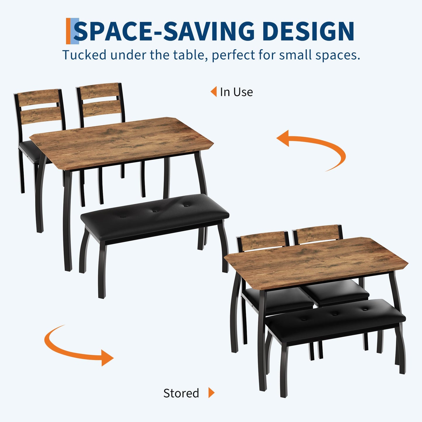 IDEALHOUSE 43'' Dining Table Set for 4, Wooden Kitchen Table with Upholstered Bench & 2 Cushion Chairs, Industrial Dinette Set for Studio, Kitchen, Dining Room, Apartment, Retro