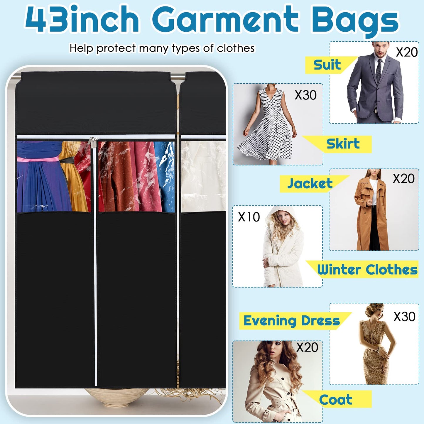 Amylove 4 Pcs 43'' Garment Bags for Hanging with Zippers Hanging Clothes Storage Garment Rack Cover Sealed Dust Cover Wardrobe Clothing Organizer for Suit Coat