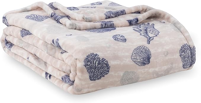 Berkshire Blanket-Classic Heavyweight Soft Printed VelvetLoft® Plush Blanket, Full/Queen Size Soft Fuzzy Warm Blanket for Couch Sofa Bed, Classic Shells Navy, 90in x 90in