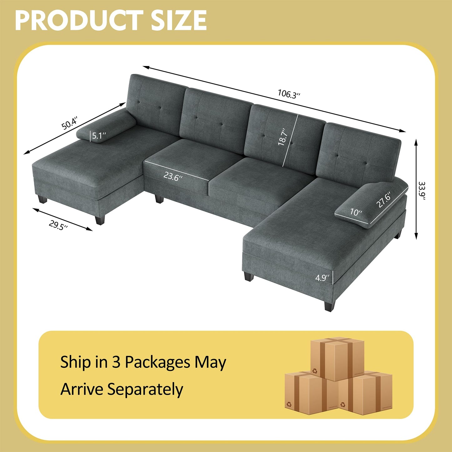 Nutually U Shaped Sectional Couches for Living Room, 4-Seat Sofa Set with Double Chaise, Modular Sectional Sofa Couch for Apartment, Reception Room（Dark Gray）
