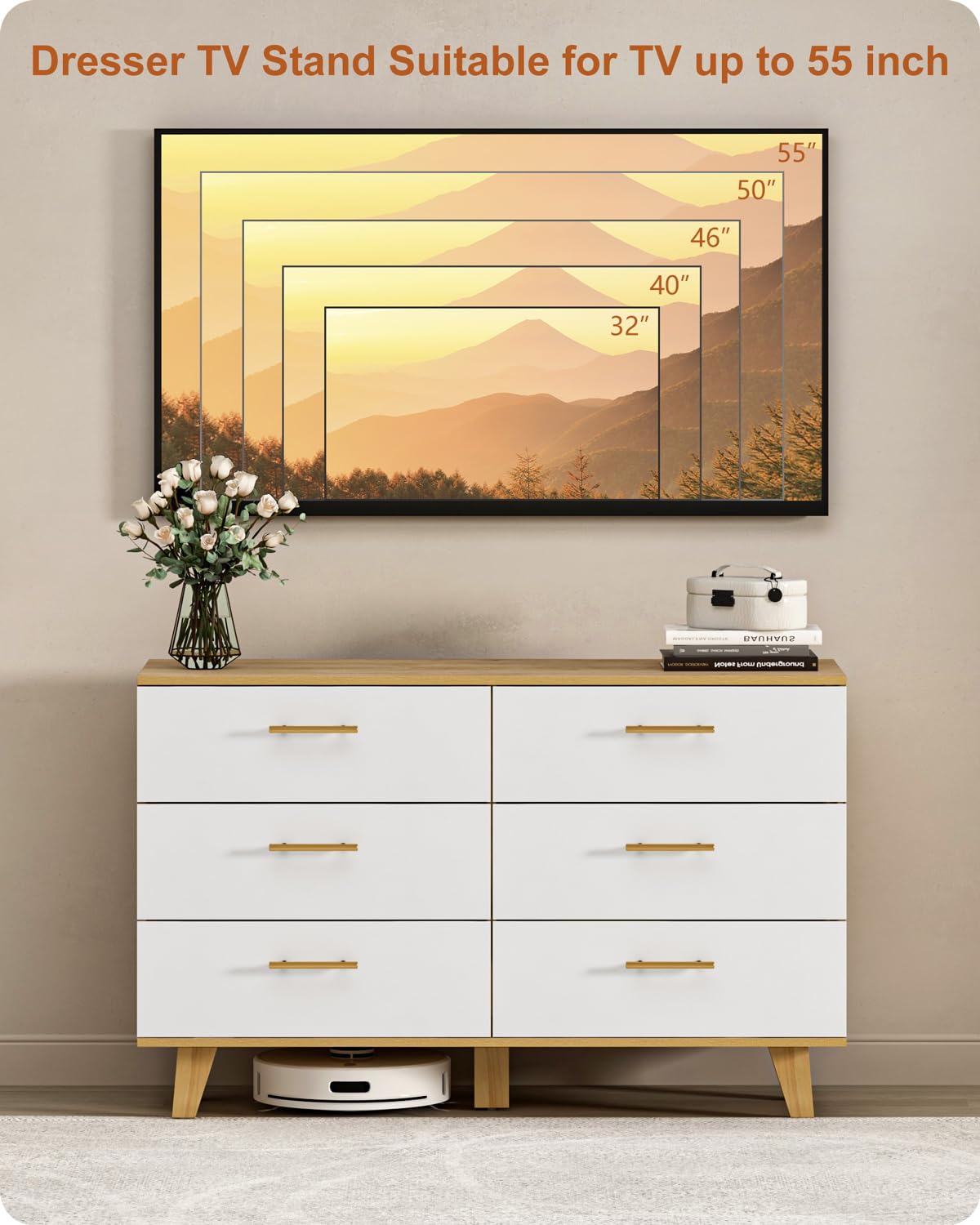 ALINE FURNITURE 6 Drawer Dresser, 48" Wide White Dresser Chest, Solid Pine Wood Dressers for Bedroom
