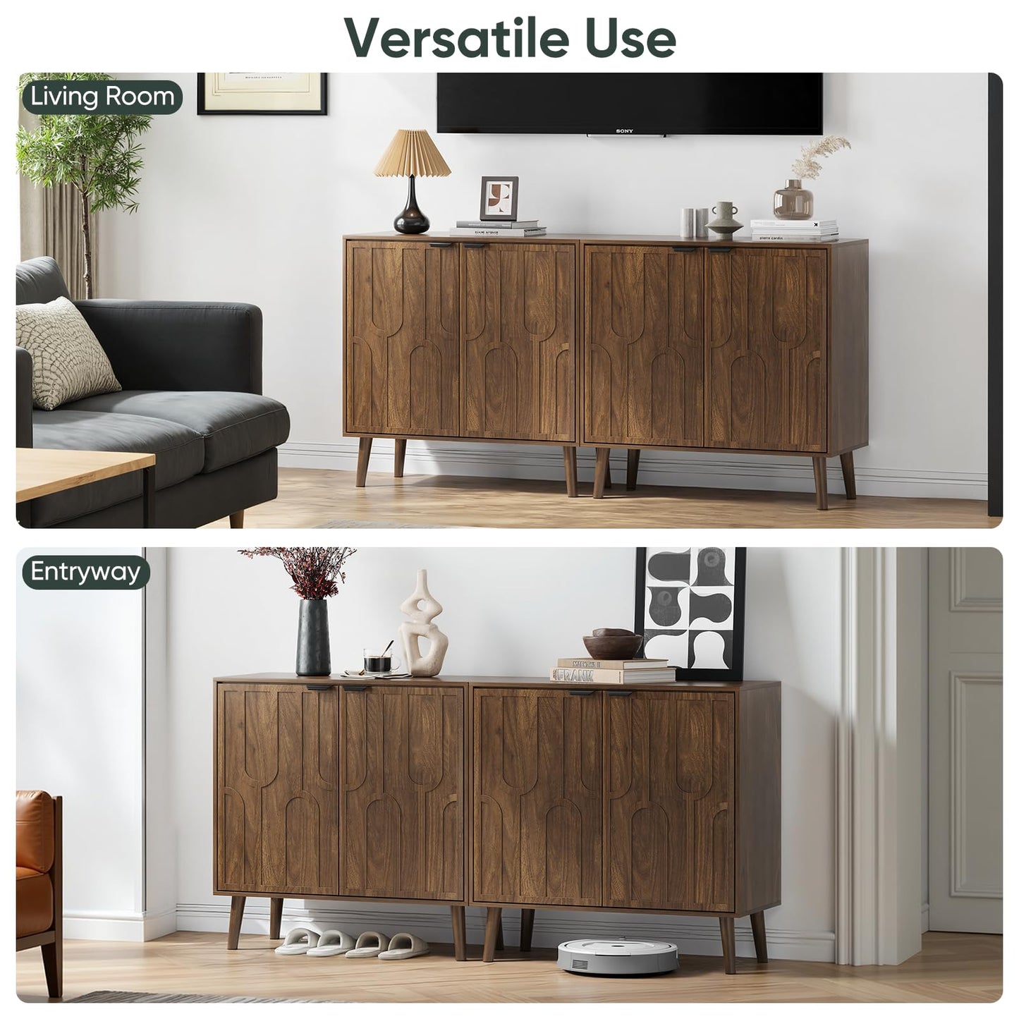 Smart FENDEE Sideboard Buffet Cabinet, Accent Storage Cabinet with U-Shaped Fluted Doors, Farmhouse Wood Cabinet for Kitchen, Living Room, Entryway, Walnut