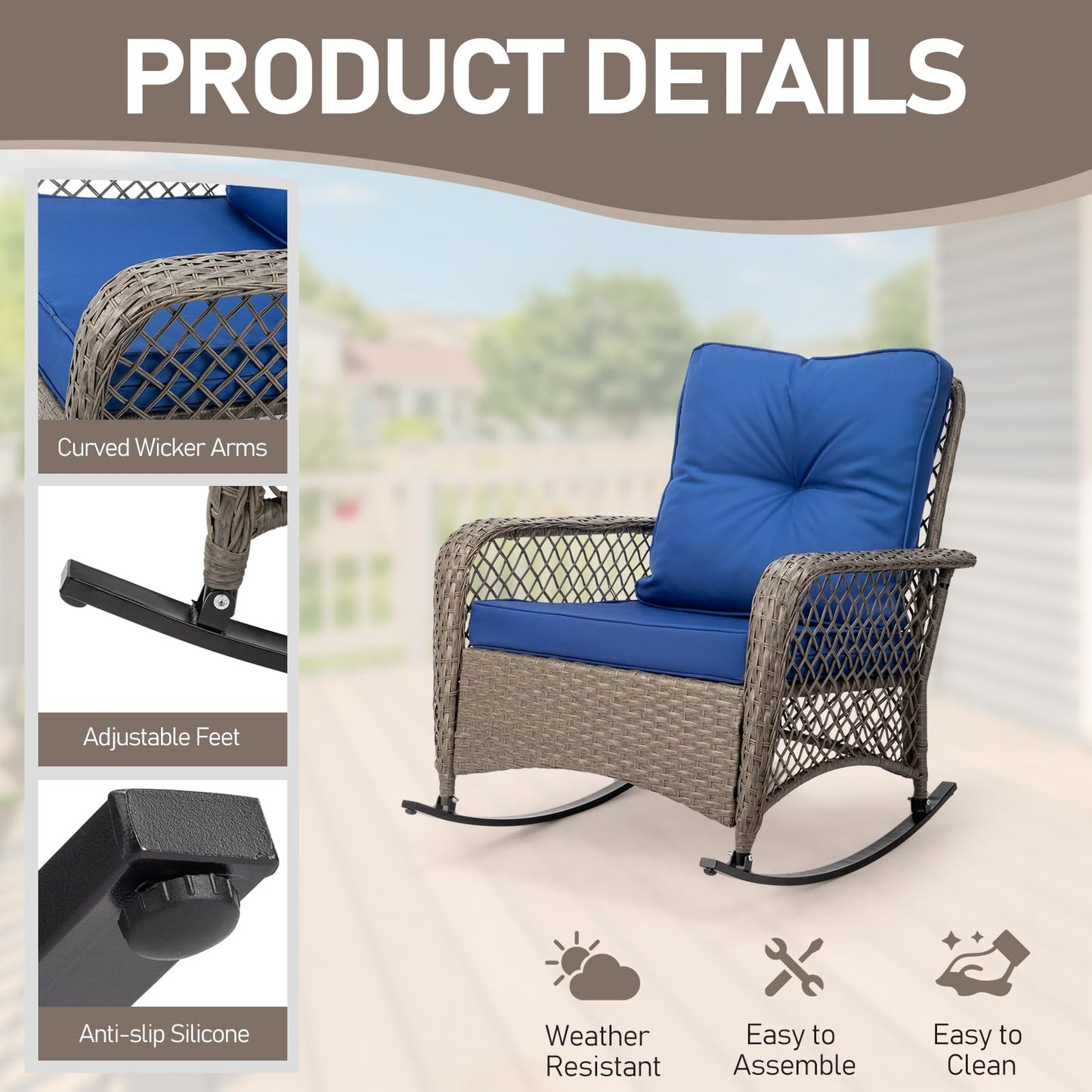 Outvita Outdoor Wicker Rocking Chair, Patio Rattan Rocker Chair w/Cushions & Steel Frame, All-Weather Rocking Lawn Wicker Furniture for Garden Backyard Porch Deck (Navy Blue)