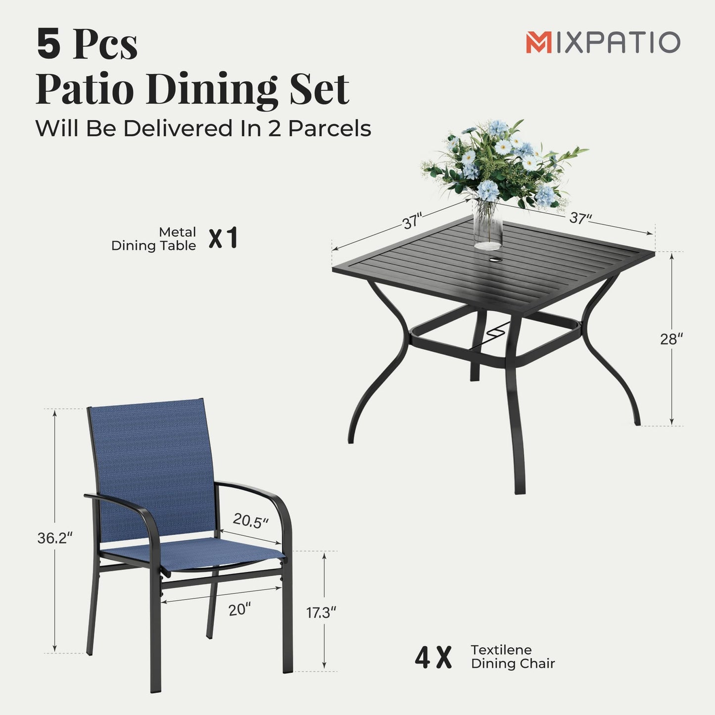 MIXPATIO 5 Pieces Patio Table and Chairs Set for 4, Outdoor Dining Furniture Set, with Blue Textilene Chairs and 37" Square Metal Umbrella Hole Table, for Deck Backyard Lawn