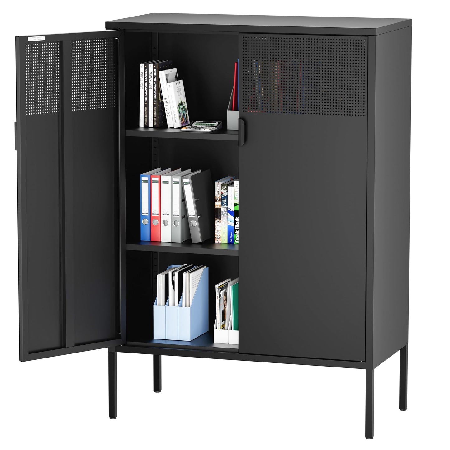 Ustamio Black Metal Storage Cabinet, Metal Locker Storage Cabinet with Doors and Shelves, 3 Tier Steel Office Storage Cabinet, Metal Sideboard for Home, Office, Kitchen and Coffee Bar
