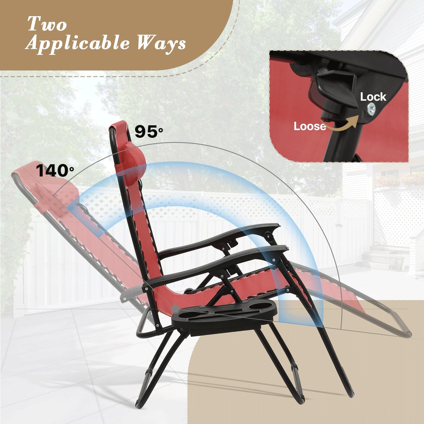 Athena Collection Zero Gravity Outdoor Lounge Chair Set of 2 with Cup Holder, 25" Width Pool Lounge Lawn Chairs Reclining, Outdoor Chaise for Beach Patio Backyard Outside, Dark Red