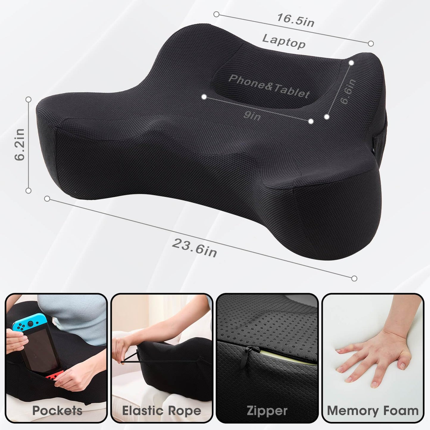 cooloo8 Reading Pillow for Lap, Laptop Pillow, Soft Lap Desk, Gaming Pillow for Reading, Working, Gaming in Bed, Couch, Car (Black)
