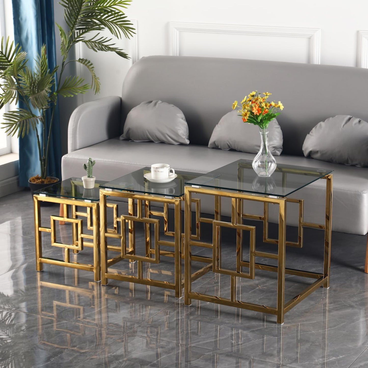 ENJAOUSLF Set of 3 Nesting Coffee Tables Gold Stainless Steel Blue Grey Tempered Glass Modern Sofa Side End Tables