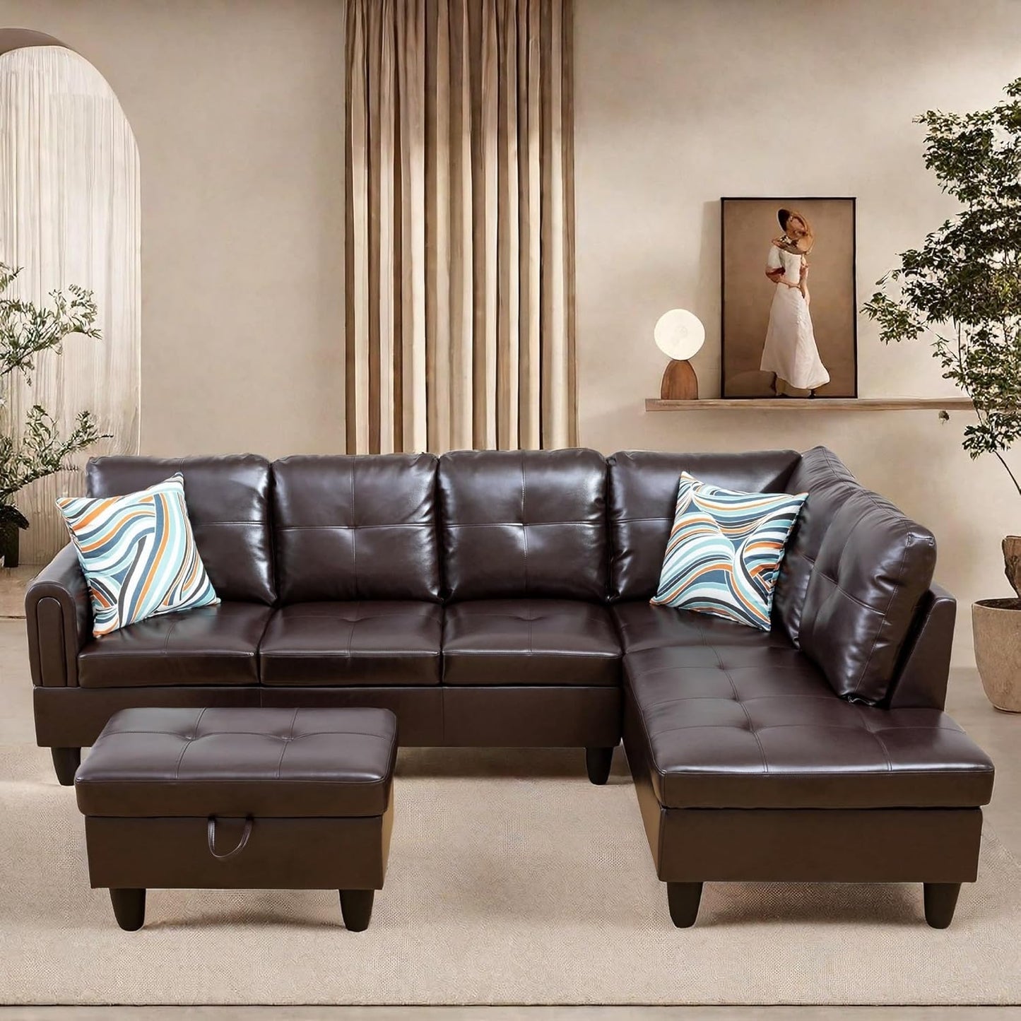 Modern L-Shaped Sectional Sofa with Chaise, High-Density Sponge Cushions, Light Gray (Leather)