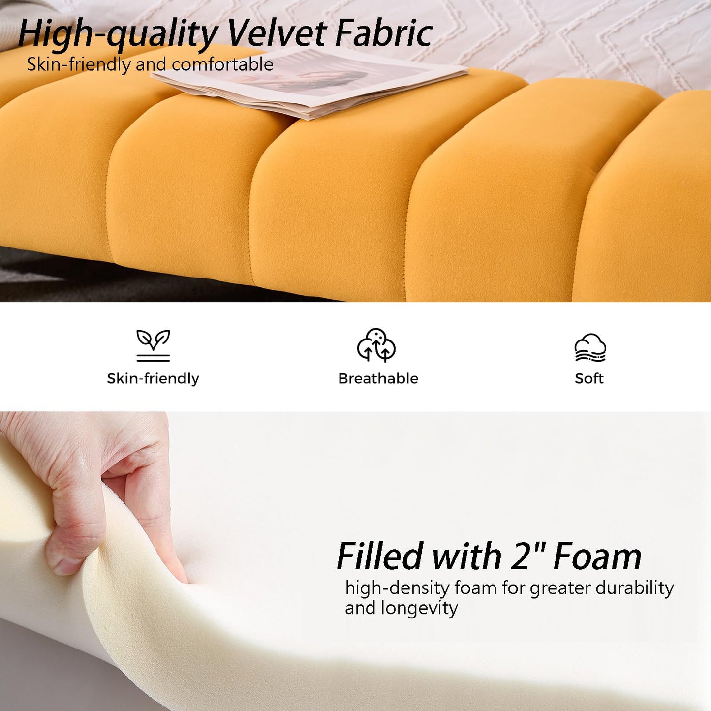 AIITTCC Velvet End of Bed Bench Upholstered Modern 59" Bedroom Bench for King Bed Bench Tufted Window Bench Comfy Long Ottoman for Living Room/Entry/Indoor (Mustard Yellow, 59" Wide)