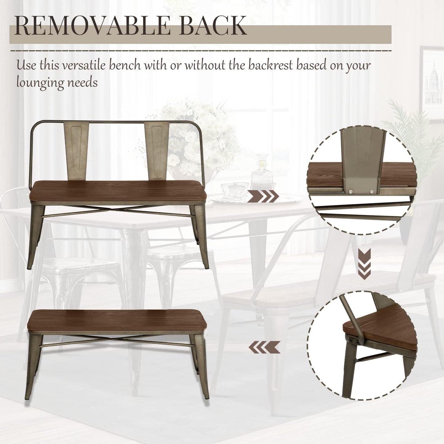 YOLENY Dining Bench, Farmhouse Metal Entryway Chair with Back, Industrial Mid-Century 3 Person Rustic Spindle Bench, with Wood Seat, Removable Backrest, 42in, Bronze