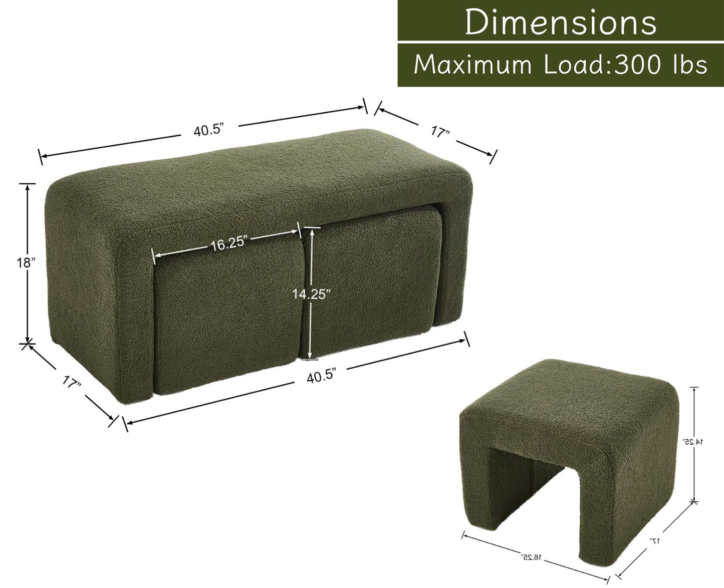 Shunzhi Modern Green Boucle Entryway Bench Set of 3 Nesting Upholstered Sherpa End of Bed Bench Rectangular Vanity Ottoman Bench with 2 Small Footrest Stool for Living Room/Bedroom/Hallway