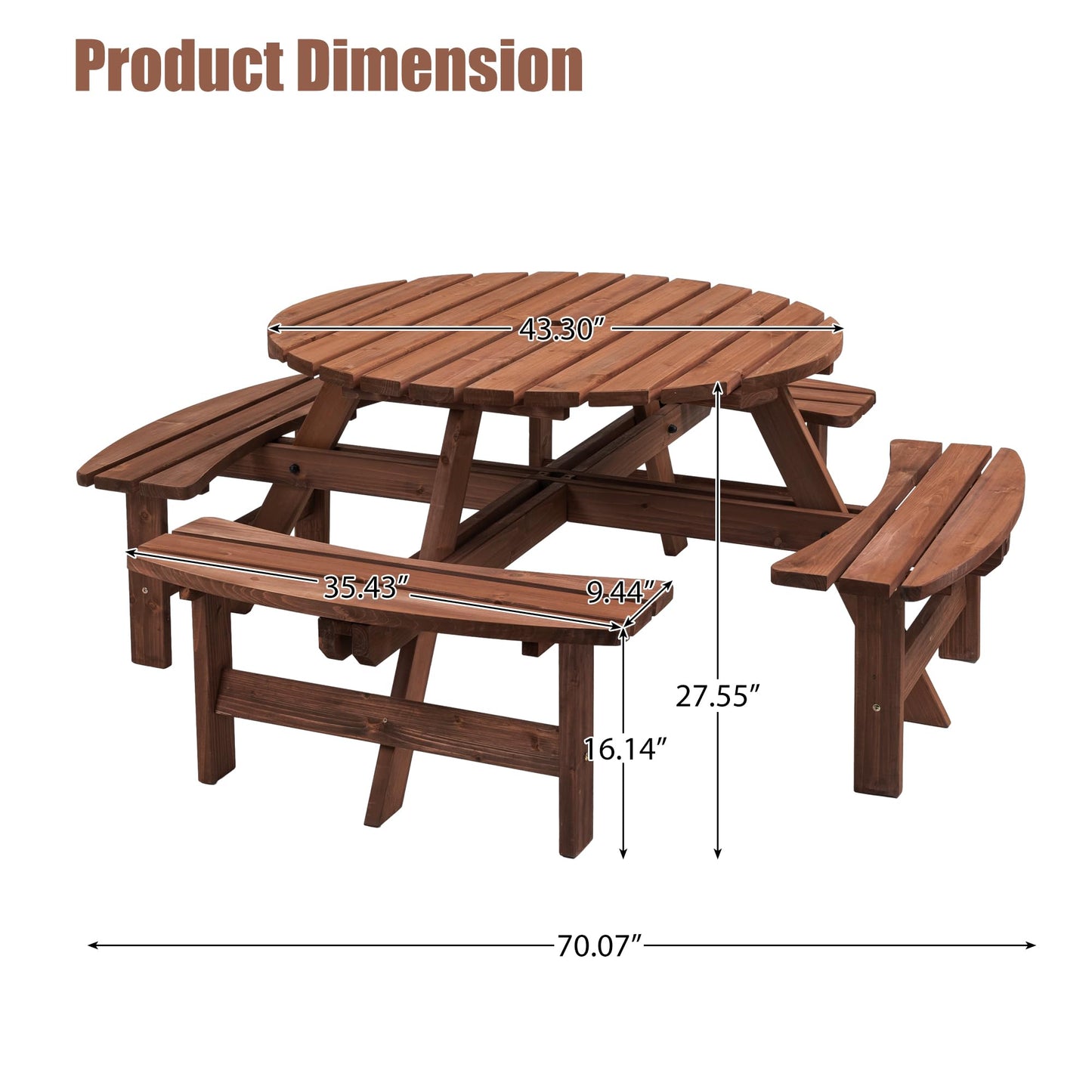 DOPERFE 8-Person Outdoor Round Wooden Picnic Table with 4 Built-in Benches, Outdoor Dining Set with Umbrella Holes, 2220 lb. Weight Capacity for Garden, Lawn, Patio (Brown, 70.07"*70.07"*27.55")