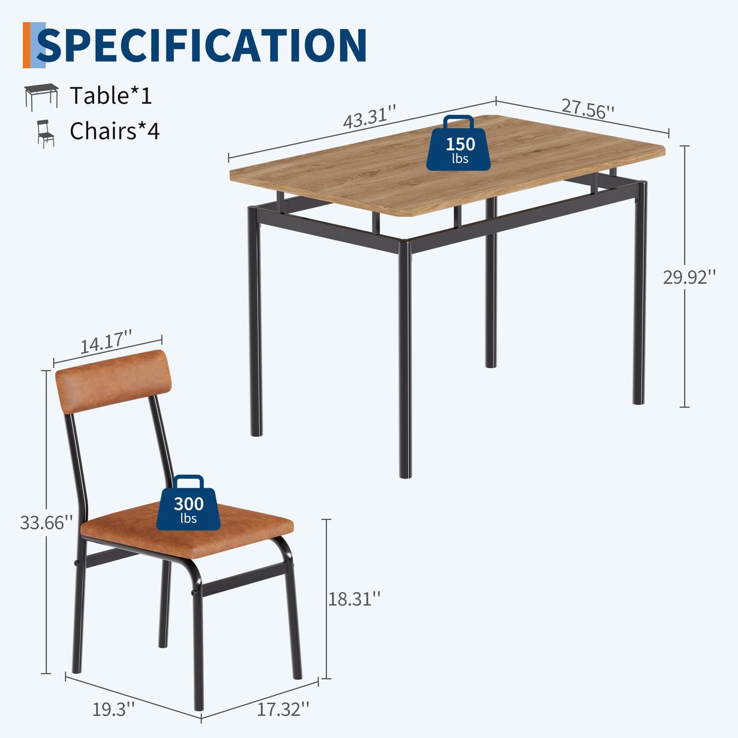 GarveeHome 5 Piece Dining Table Set, Wooden Kitchen Table Set with 4 PU Upholstered Chair, Industrial Metal Frame Dinette Set for Dining Room, Home Dinner, Party, Apartment, Brown