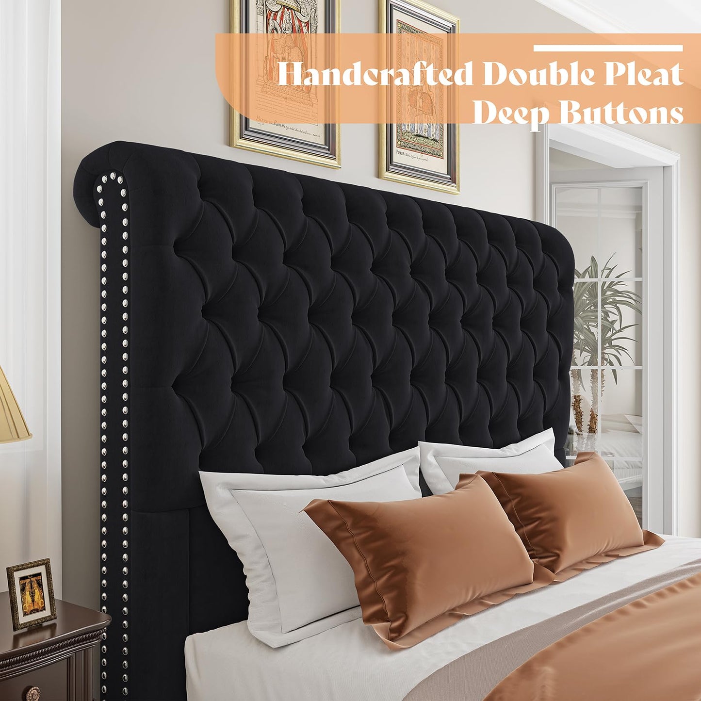 AMERLIFE Queen Size Bed Frame with 60" Tall Wingback Headboard, Velvet Upholstered Platform, Button Tufted Sleigh Design, No Box Spring Needed,Black