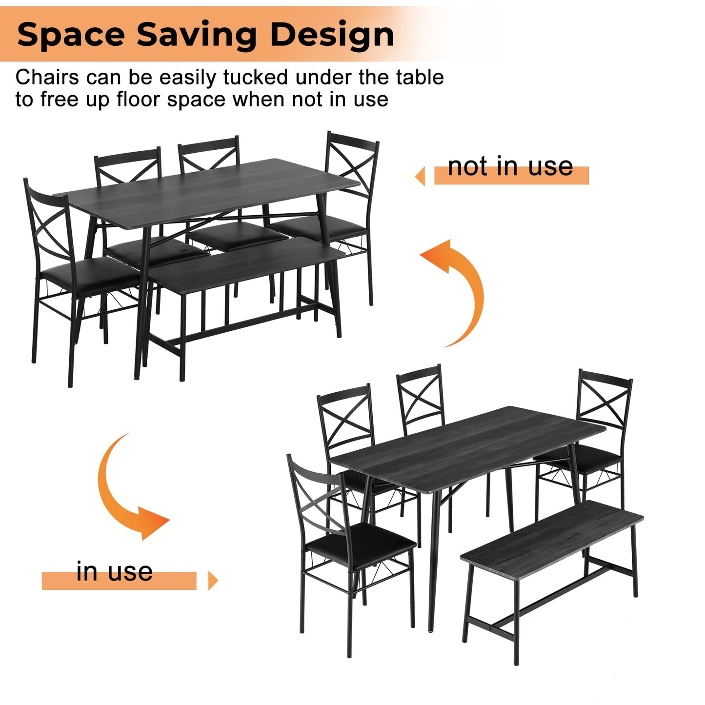 VINGLI Dining Table Set for 6,Farmhouse Rectangular Kitchen Dining Table,4 Chairs & Bench,Wooden Dinner Table Set with Upholstered Chairs for Kitchen, Dining Room, Apartment,Dark Grey,55in