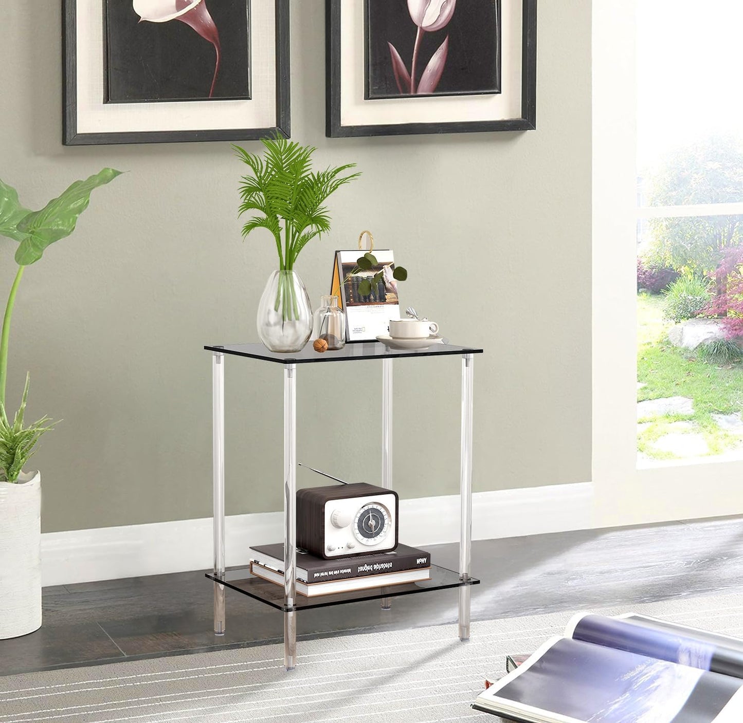 IRCPEN Acrylic Glass Side Tables with 2 Shelve End Table Bedside Set of 2, Simplicity Nightstands for Small Spaces, 2-Tier Tempered Glass for Office Bedroom Living Room Study Outdoor Black ET-008BK