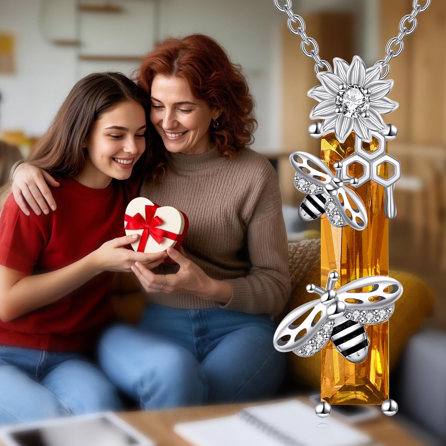 Grmdit Bee Necklace S925 Sterling Silver Honeybee Pendant Necklace with Yellow Crystal Jewelry Gift for Women Bee Lover
