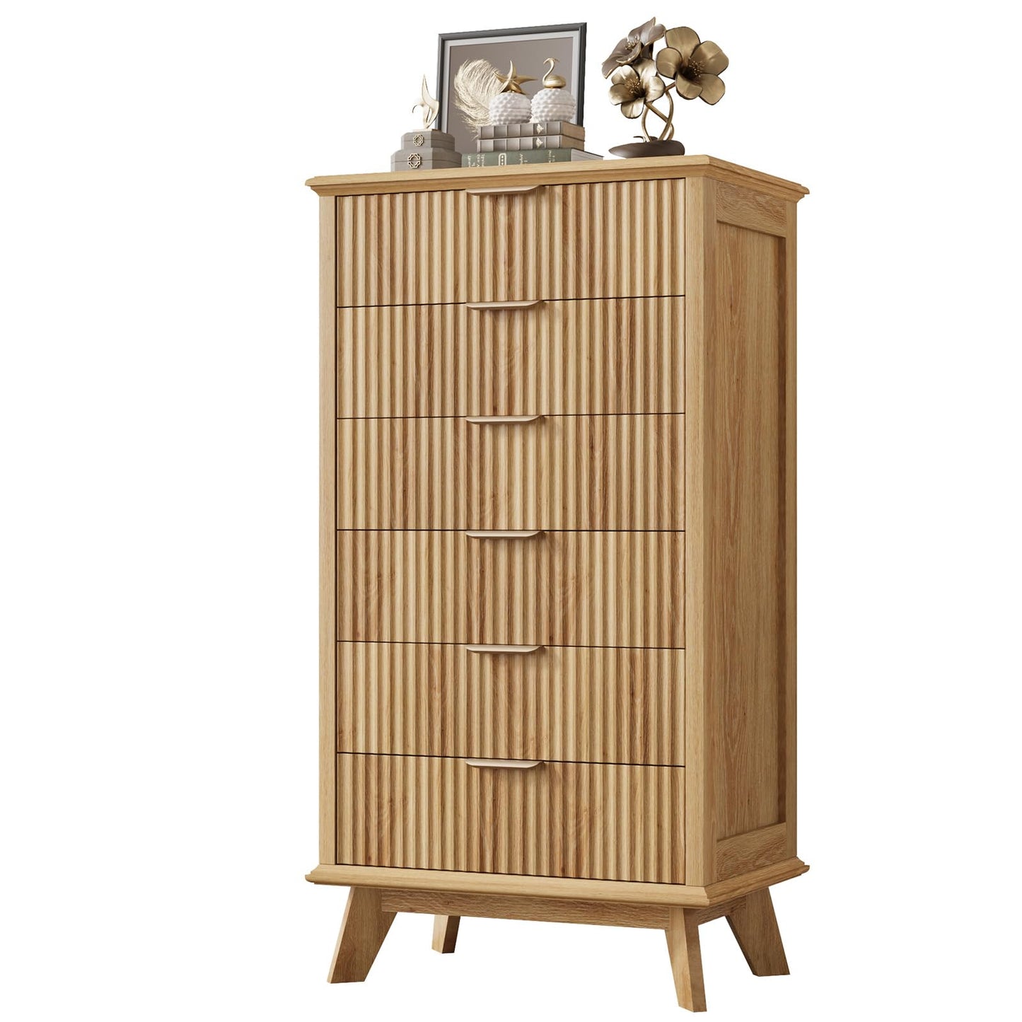 QUW Fluted 6 Drawer Dresser for Bedroom, Modern Tall Chest of Drawers with Metal Handle, Large Wood Storage Chest Organizer Accent Storage Cabinet for Living Room, Hallway, Entryway, Natural Oak