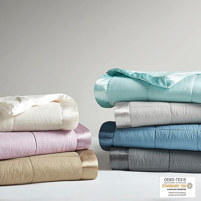 Madison Park Cambria Down Alternative Blanket, Premium 3M Scotchgard Moisture Wicking Treatment, Lightweight and Soft Bed Cover For Summer with Satin Trim, Oversized King Slate Blue