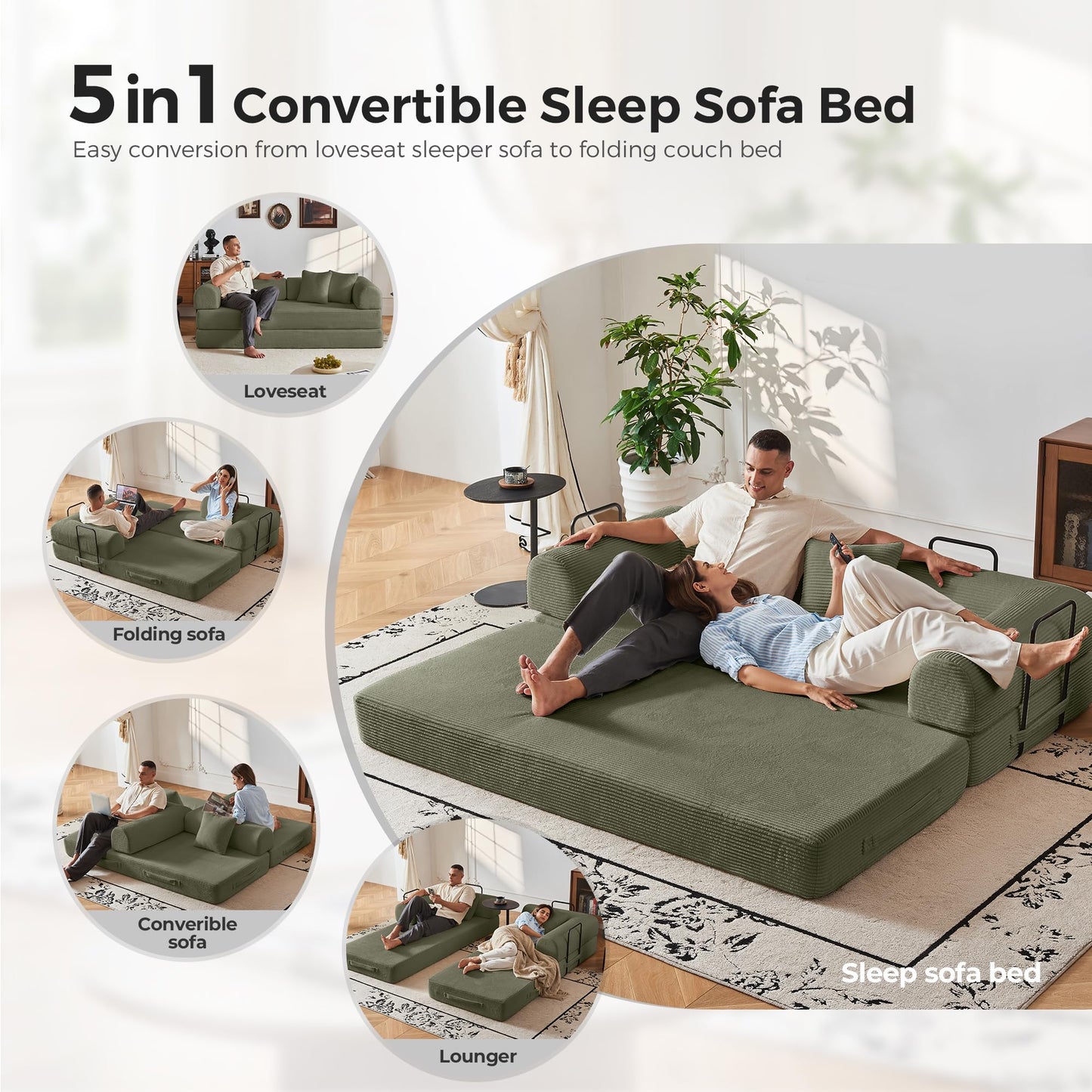 Bsxupke 79" Compression Sofa, Convertible Sleeper Sofa Bed, Couch Bed with Fixed-Shape Frame, Corduroy Floor Sofa, Couches for Living Room with 2 Pillows, No Assembly Required, Green