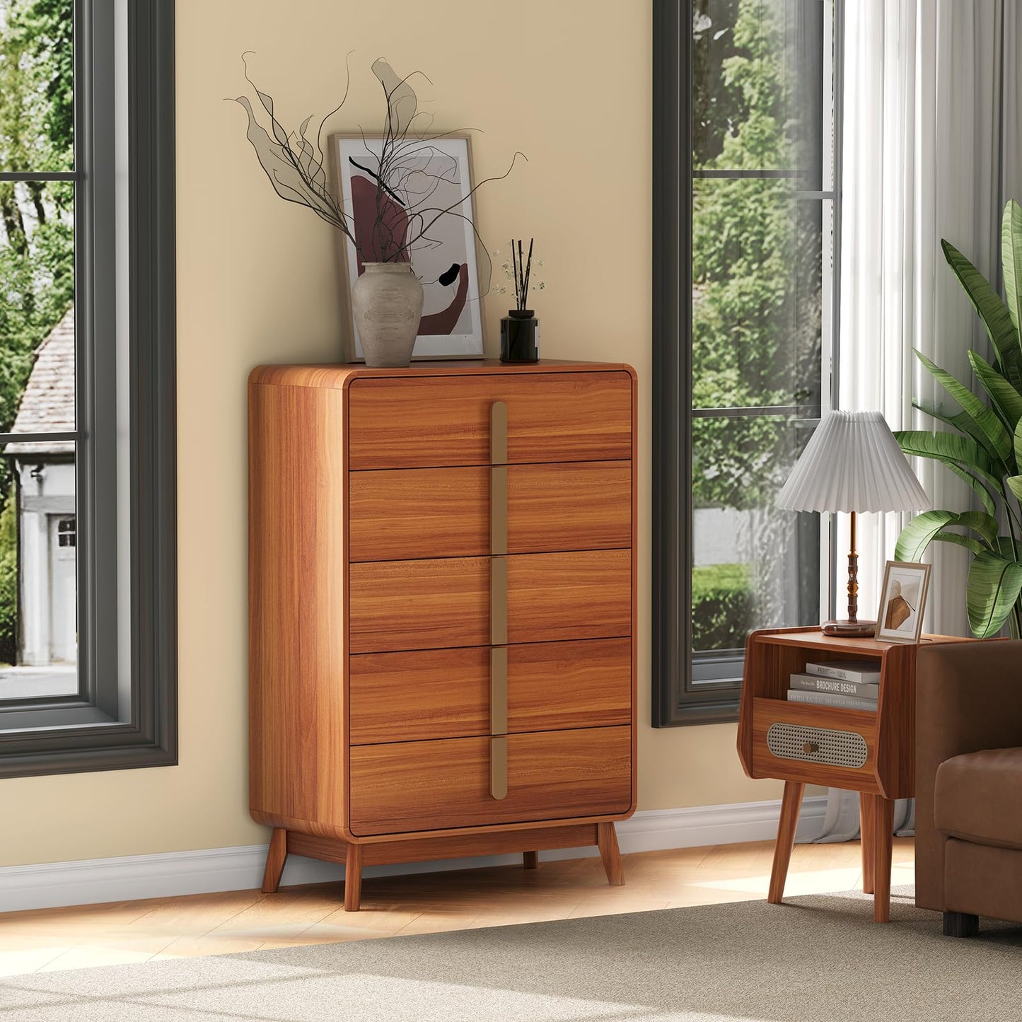 JOINICE,5 Drawer Dresser,Mid Century Modern Dresser with Storage,Tall Modern Chest of Drawers with Metal Handles,Large Wood Drawer Organizer for Bedroom,Living Room,Hallway,Cherry