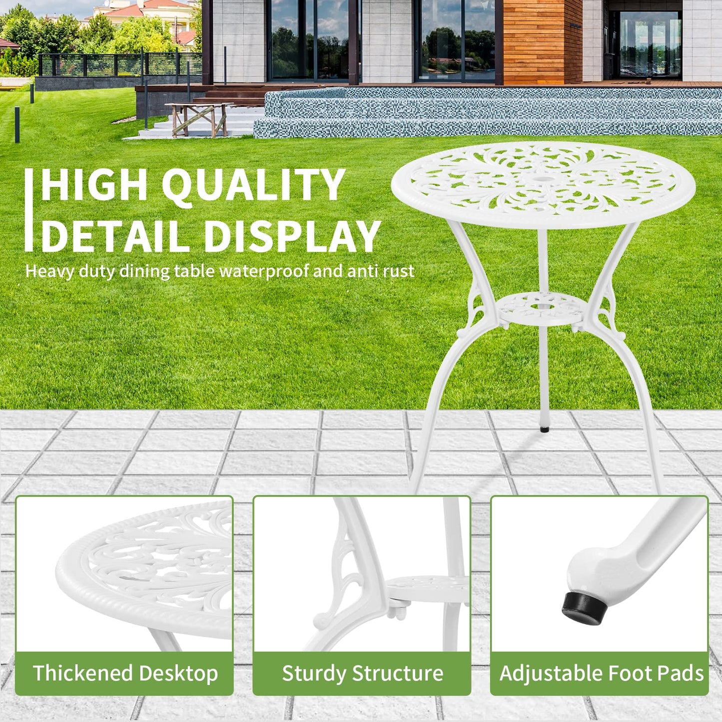 Withniture 3 Piece Patio Set Outdoor Cast Aluminum Patio Bistro Table and Chairs Set of 2,All Weather Outdoor Bistro Sets with 1.97" Umbrella Hole for Front Porch Set,Garden(White)