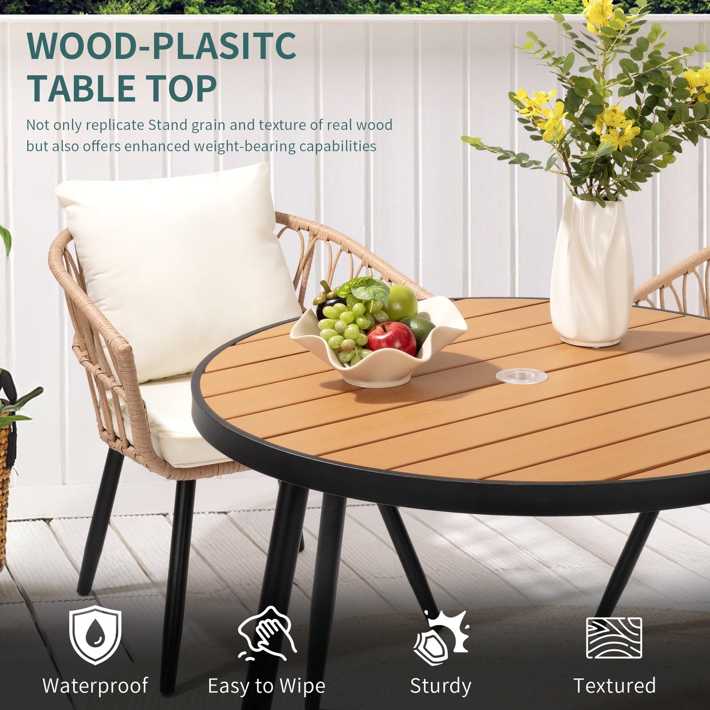 Pamapic 5-Pieces Patio Dining Set with Wood Table Top, All-Weather PE Rattan Patio Furniture Set, Outdoor Dining Furniture with Removable Cushion Chairs & Round Table for Garden Lawn Patio,Cream
