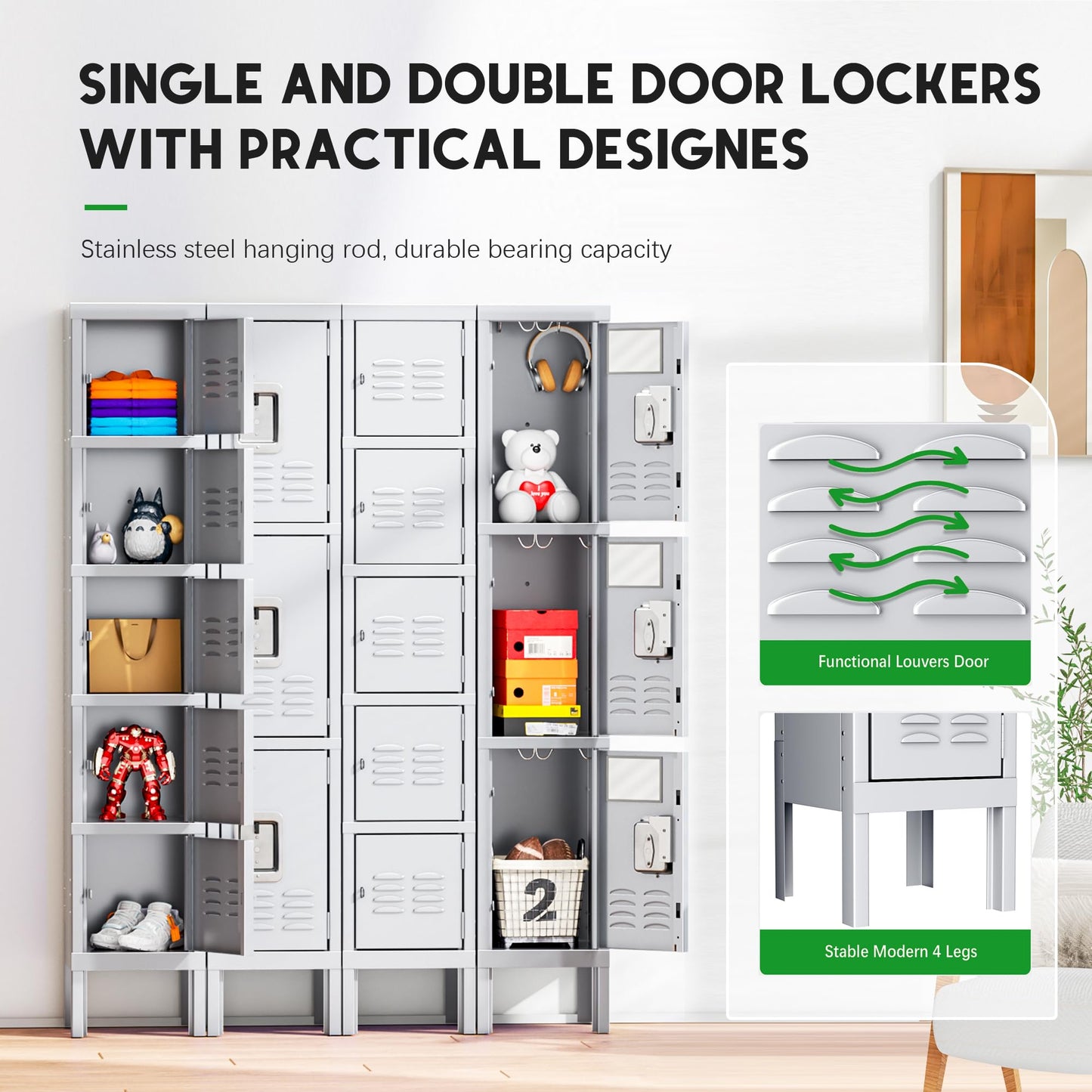 INTERGREAT Metal Locker for School Office Gym Metal Storage Locker Cabinet for Employees Students Steel Locker Triple Tier with 5 Door Gray